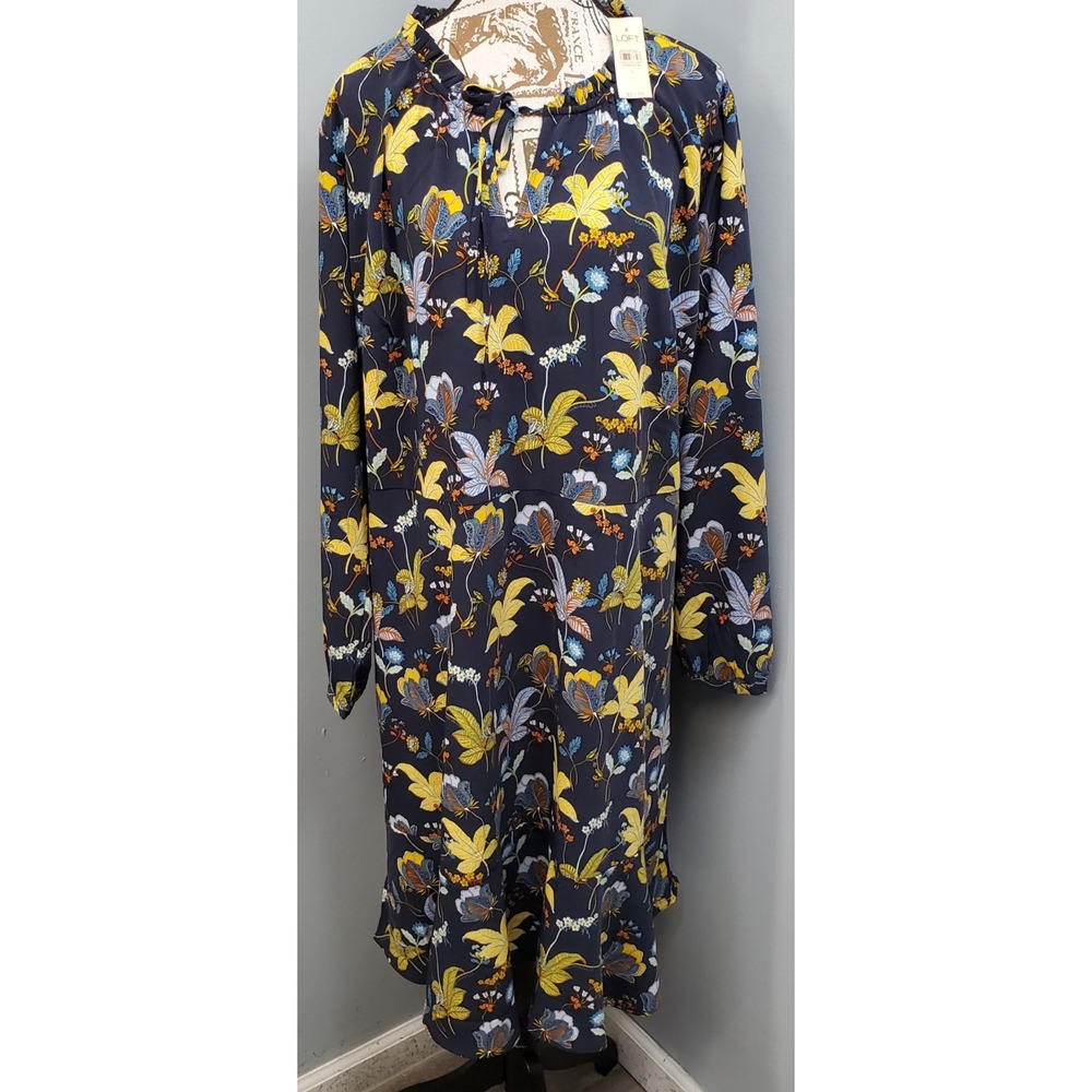 LOFT A-Line Midi Dress Womens 16 Multi Vibrant Floral Ruffle Tie Neck Back Zip